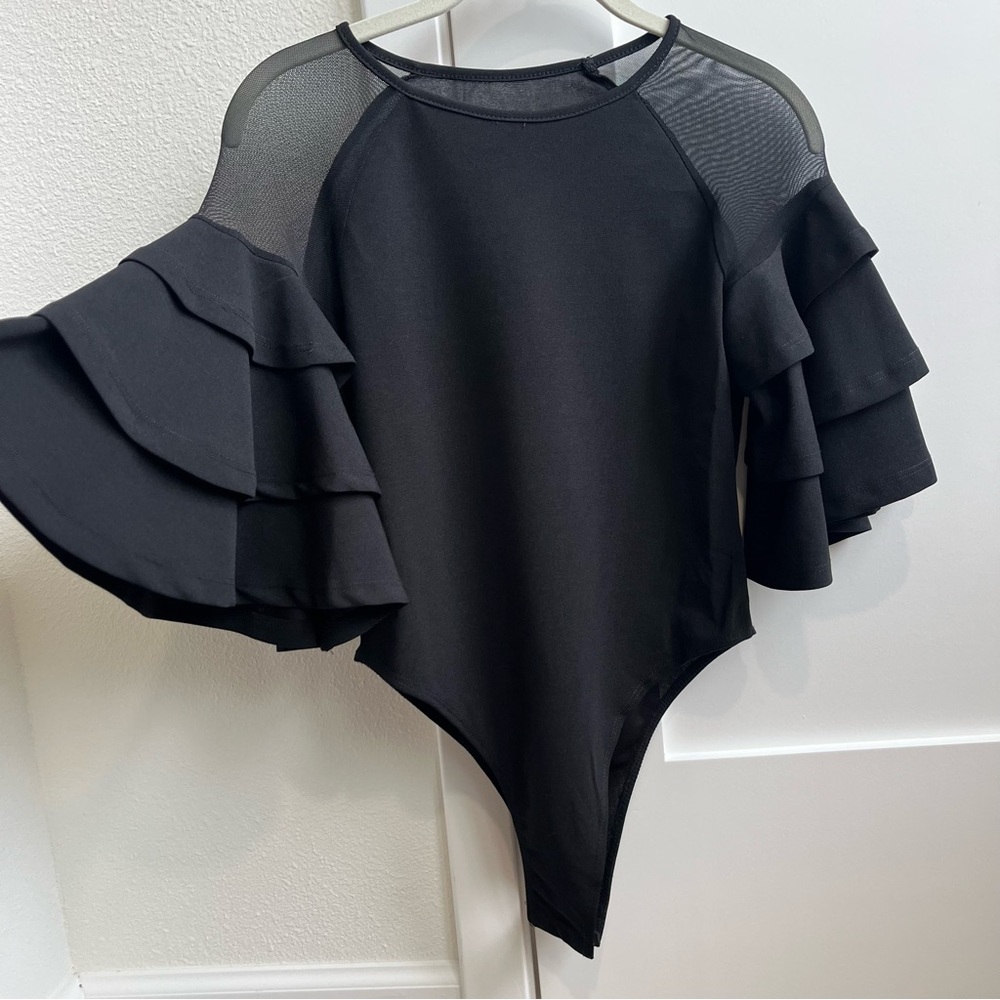 Black Ruffled Sleeve Mesh-Shoulder Bodysuit